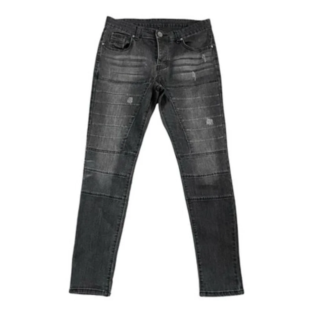 Men's Black Distressed Moto Biker Skinny Jeans Faded Paneled Slim Fit Sz M Good+